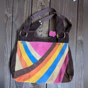 Vintage boho Colorblock Suede Shoulder Bag - Brown & Pink Multicolor